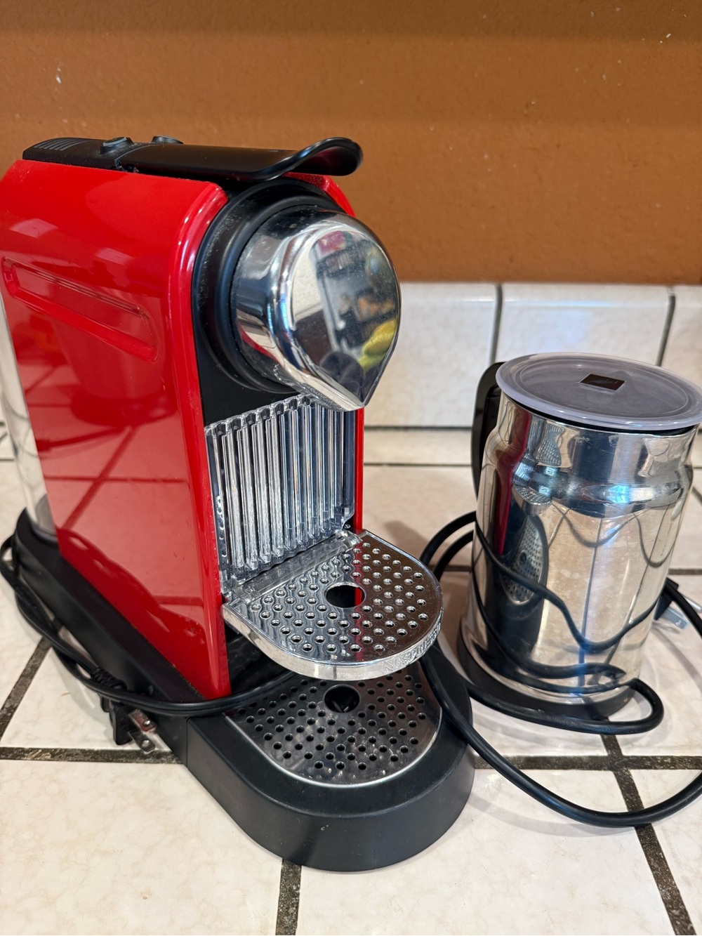 Nespresso Red and Silver Espresso Machine with Milk Frother